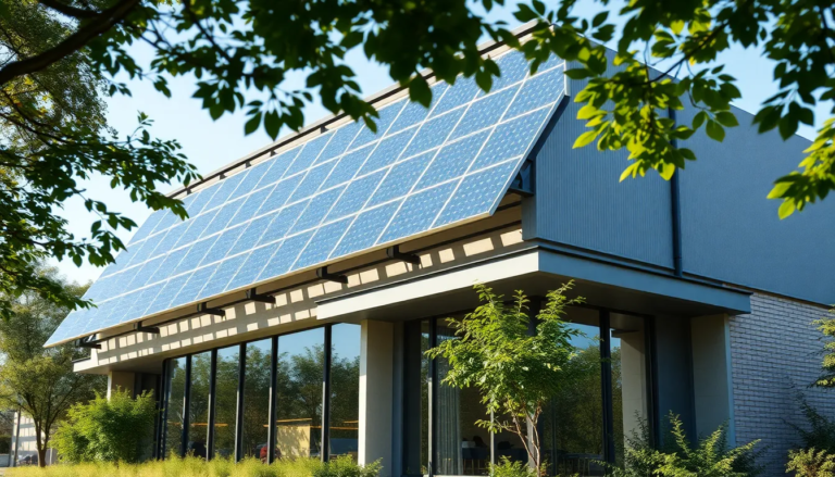 Façade d'un bâtiment intelligent avec panneaux photovoltaïques et technologies IoT intégrées en harmonie avec la nature.