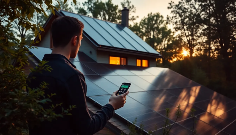 Maison moderne avec panneaux solaires et utilisateur sur application de production d'énergie sur smartphone