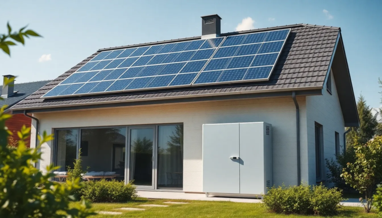 Maison moderne équipée de panneaux solaires et d'un système de stockage d'énergie pour une indépendance énergétique.