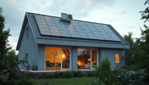 Maison contemporaine avec panneaux solaires, mettant en avant un mode de vie éco-responsable entouré de verdure.