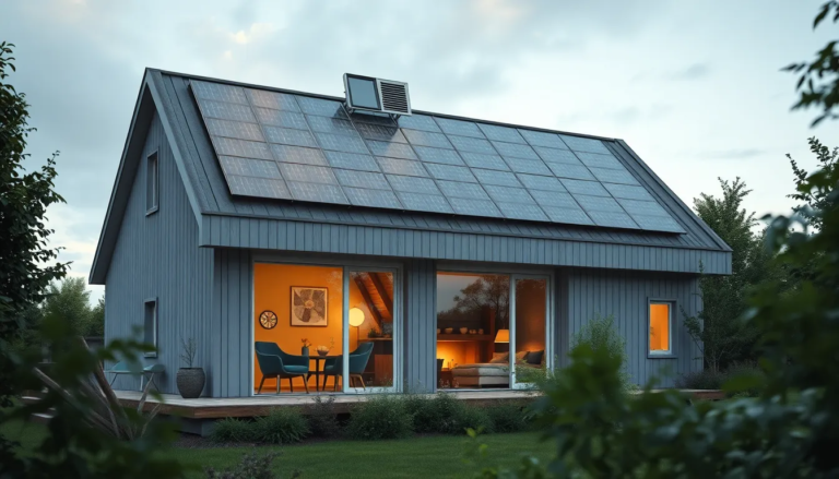 Maison contemporaine avec panneaux solaires, mettant en avant un mode de vie éco-responsable entouré de verdure.
