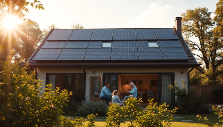 Maison moderne avec panneaux solaires, famille dans le jardin, illustrant l'autonomie énergétique et les énergies renouvelables.