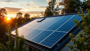 Système solaire SunEasy installé sur une toiture moderne entourée de verdure.